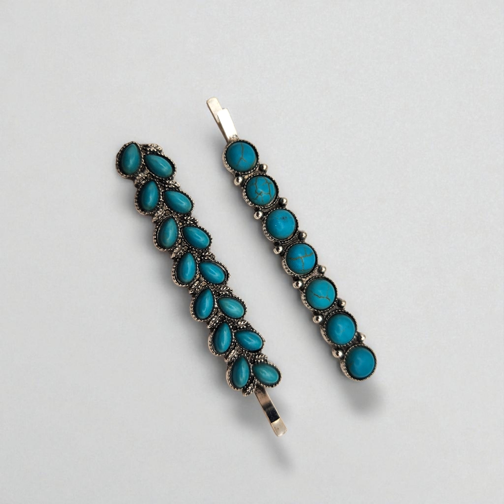 Pair of Turquoise Hair Pins with Silver Accents Boho Western Hair Clips